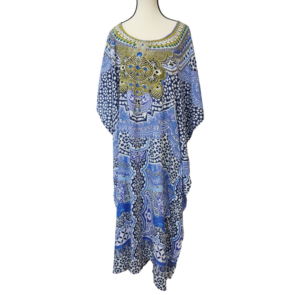 Miss Lavish London Kaftan Dress Blue White‎ Paisley Geometric ONE SIZE Boho.